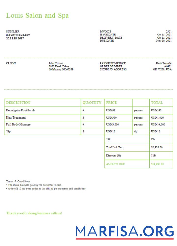 Blank USA Louis Salon and Spa invoice example